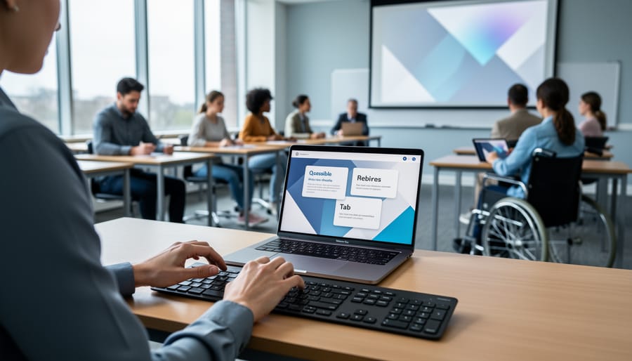 Teacher at desk using external keyboard with laptop to test slides, soft daylight; projector shows high-contrast, text-free shapes; diverse students in background, including a wheelchair user and a student with a tablet; focus on hands and keyboard.