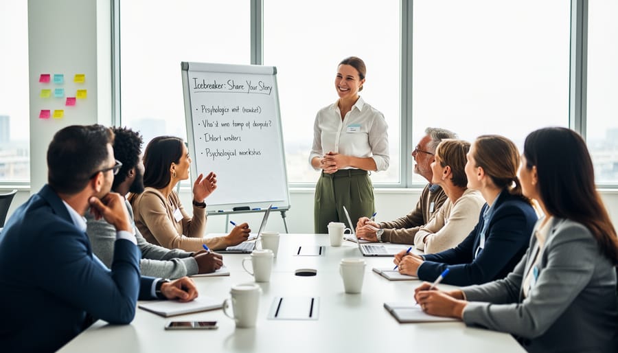 Diverse group of adult professionals engaged in conversation during workshop icebreaker activity