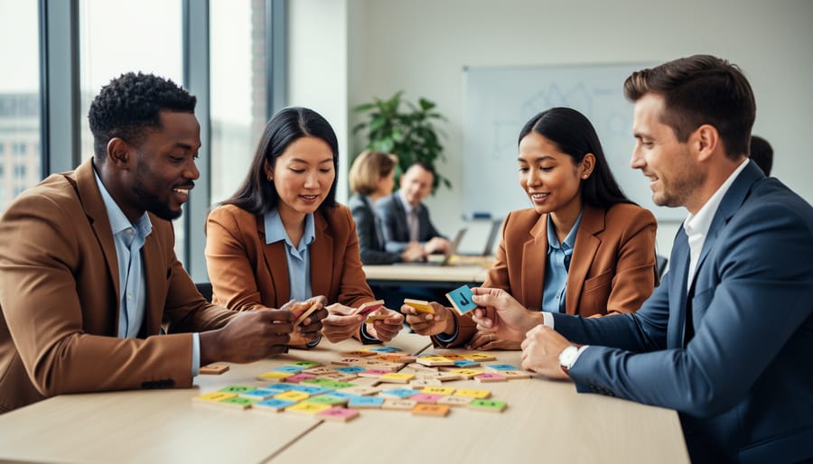 Four adult professionals seated around a table in a bright training room, smiling and leaning in as they arrange colorful wooden tiles and puzzle pieces during a collaborative icebreaker; soft natural light with other participants and a whiteboard blurred in the background.
