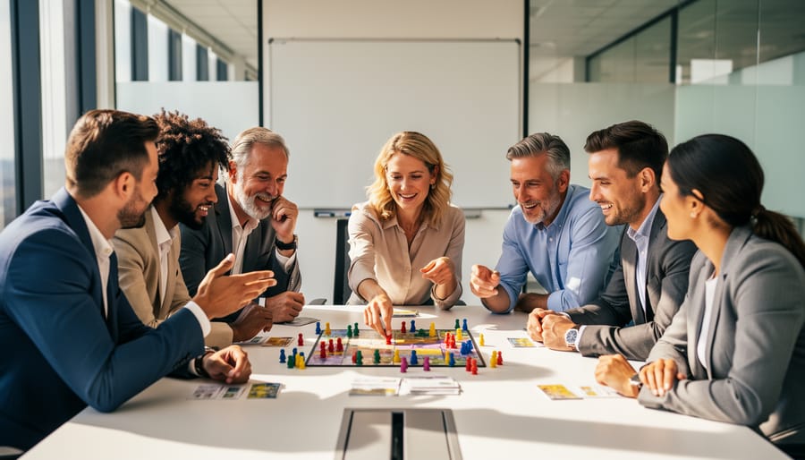 Diverse adult professionals gathered around a conference table in a modern classroom, actively playing a collaborative educational board game with colorful tokens and cards, soft natural light, and a blurred blank whiteboard in the background.