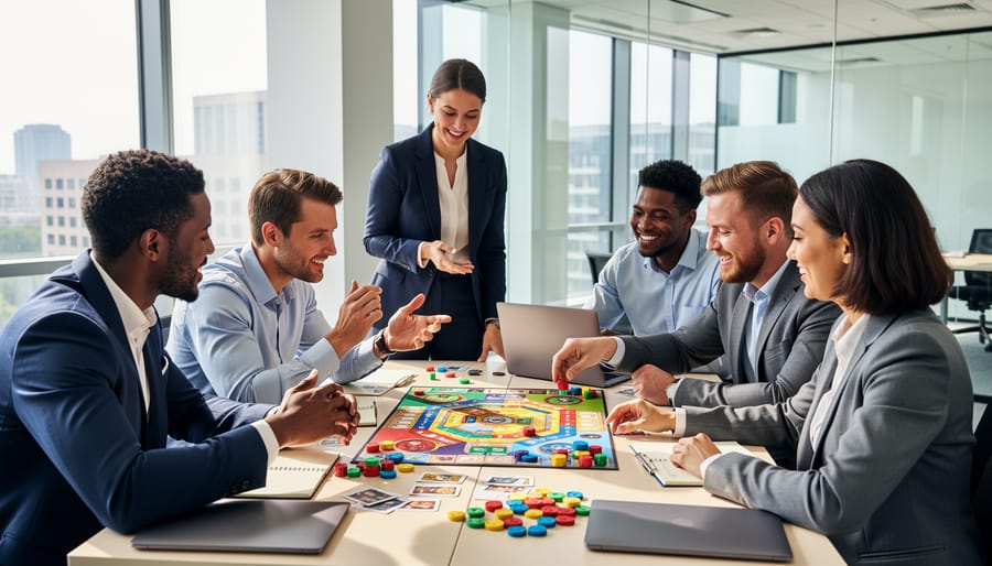 Diverse group of adult professionals playing educational board game together in modern office setting