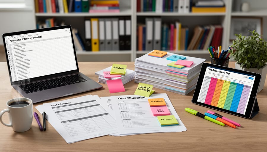 Teacher's hands organizing color-coded assessment planning materials on desk