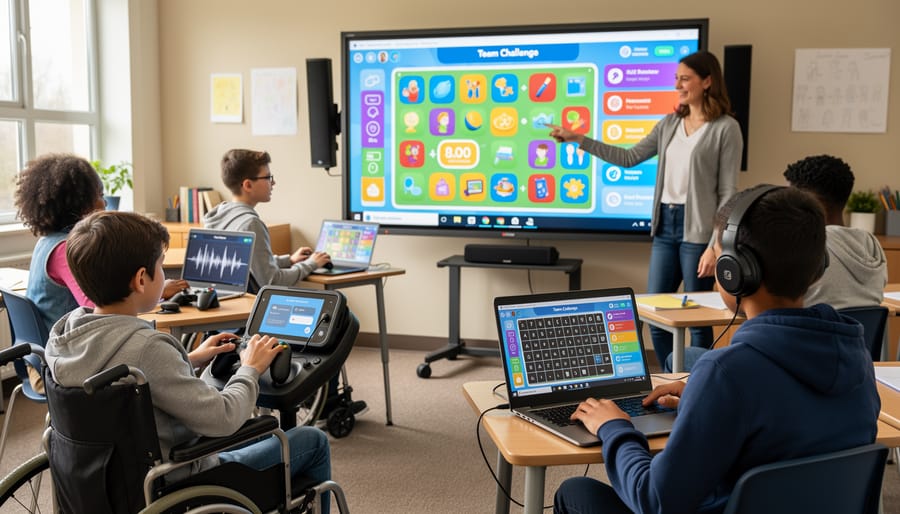 Student hands using assistive technology device alongside laptop in classroom setting