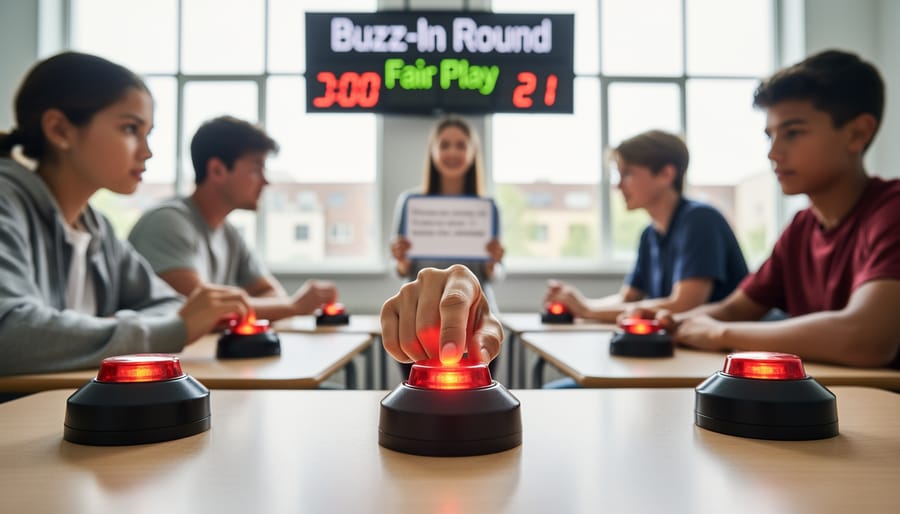 Student hand pressing red game buzzer button on classroom desk