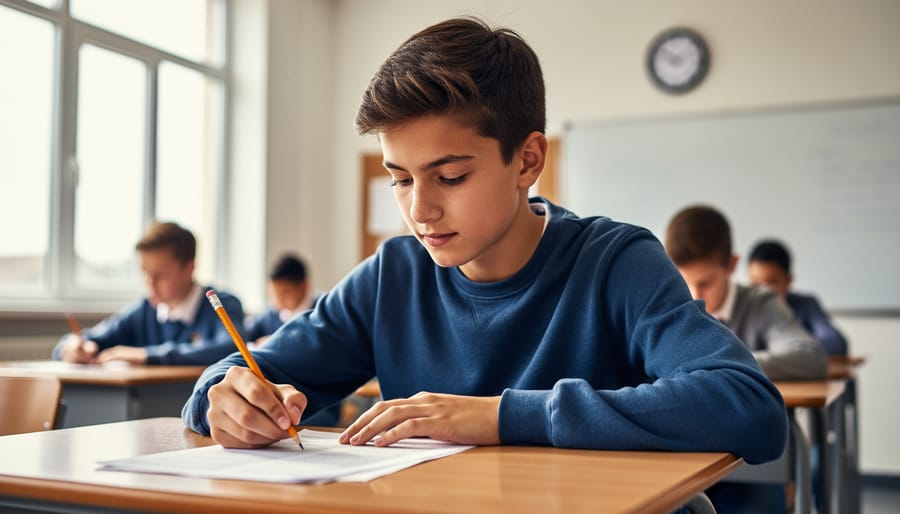 Focused teen student starting a test at a classroom desk, pencil in hand, with soft window light and a blurred wall clock, whiteboard, and classmates in the background; no readable text visible.