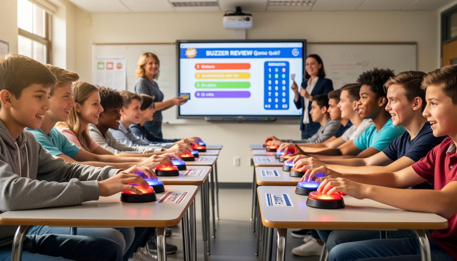 Teacher leading classroom quiz game with student teams using buzzer systems