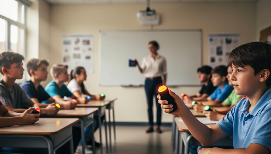 Student in a classroom holds a lit handheld buzzer while other students’ buzzers remain unlit, with a teacher at the front of the room ready to reset; soft natural lighting and no visible text.