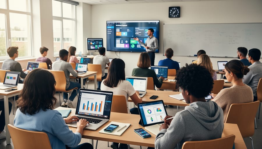 Various classroom devices including Chromebook, iPad, and laptops arranged on teacher's desk