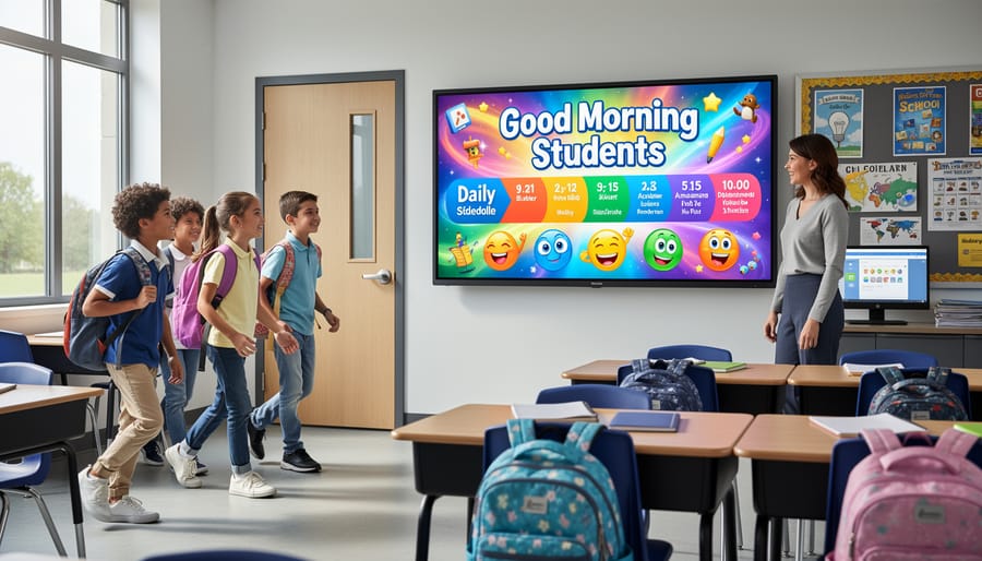Classroom digital display screen showing welcome message as students enter