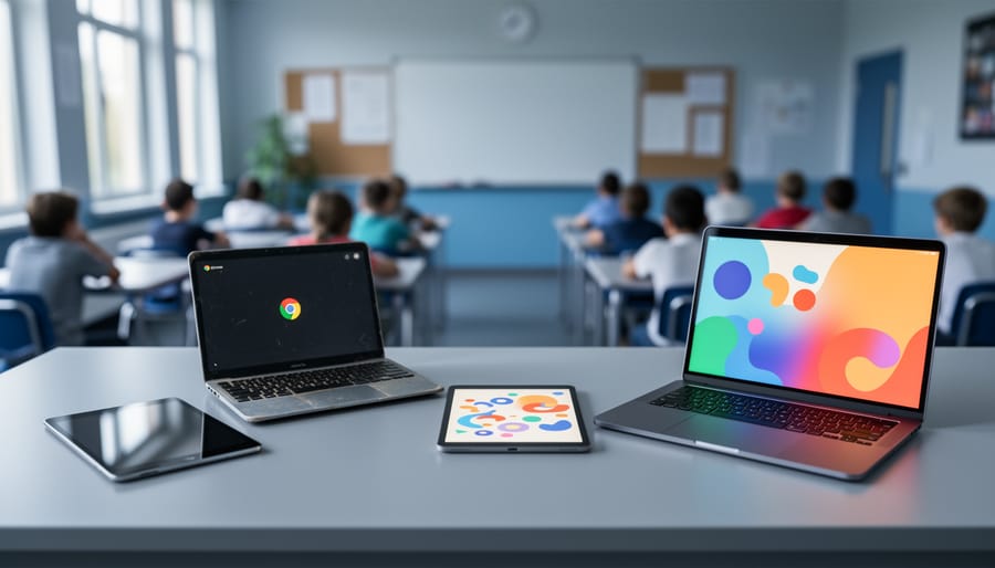 Teacher at a classroom desk with an Android tablet, Chromebook, and older iPad next to a laptop showing a colorful text-free slide; students and a whiteboard softly blurred in the background.
