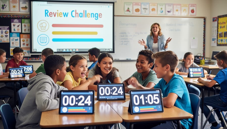 Students showing excitement during timed classroom game activity