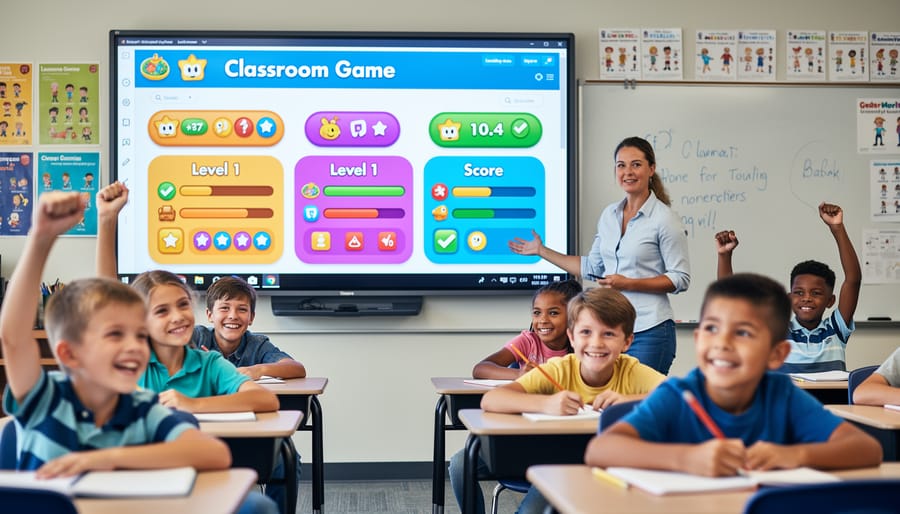 Classroom projector screen displaying colorful PowerPoint game template with student desks visible
