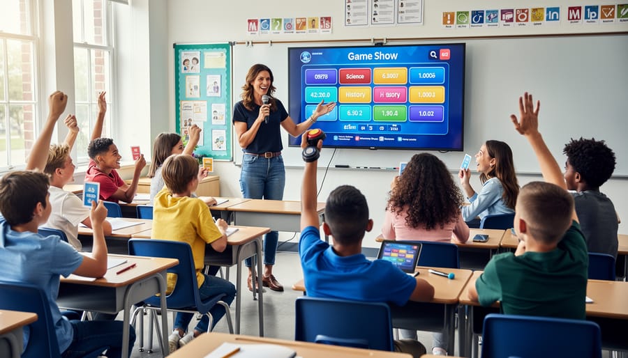 Middle school students with raised hands participating in classroom game show activity
