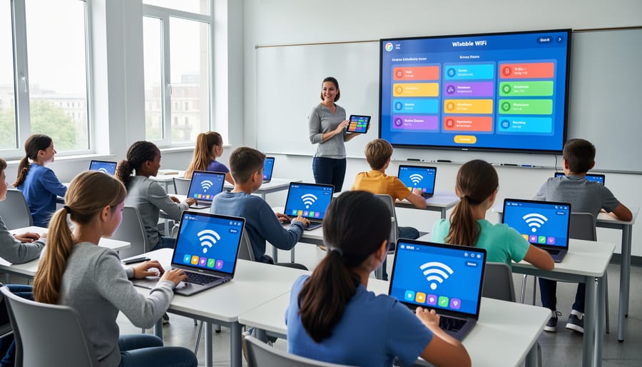 Students using tablets and laptops during an interactive classroom game session