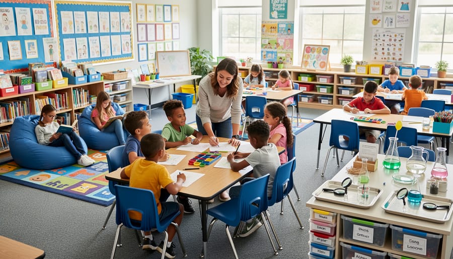 Elementary students working independently at various learning stations throughout a classroom