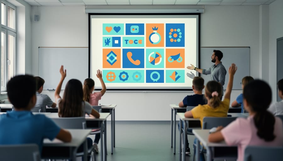 Projector screen at the front of a classroom showing a colorful geometric slide design with no text, while a teacher gestures and students raise hands in the softly blurred background.