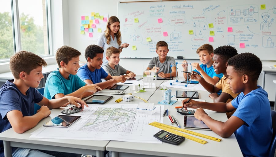 Teacher and students collaborating on hands-on problem solving activity at classroom table