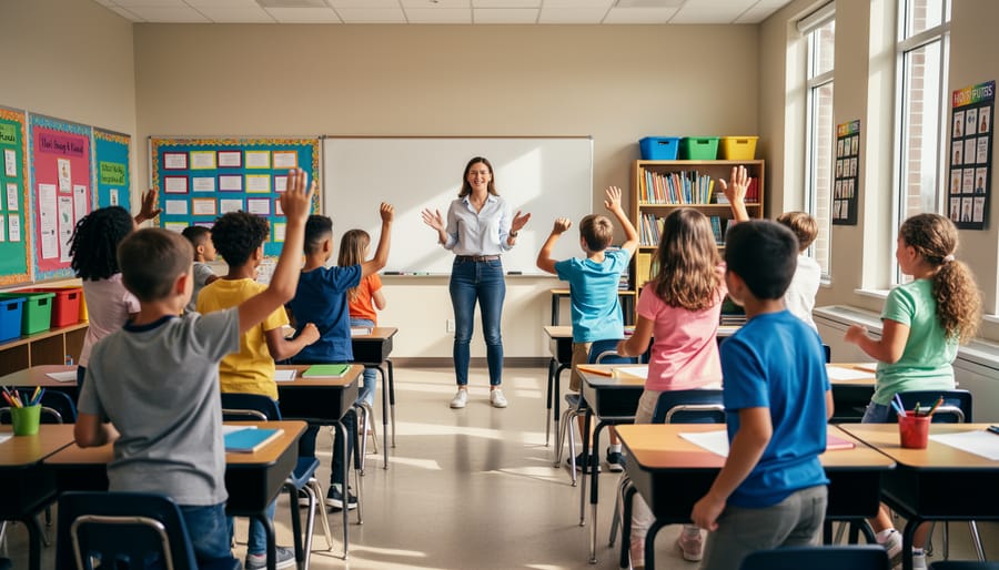 Teacher leads a recall memory activity in a diverse middle school classroom as students stand, move, and raise hands; soft daylight with a blurred whiteboard and bulletin boards in the background.