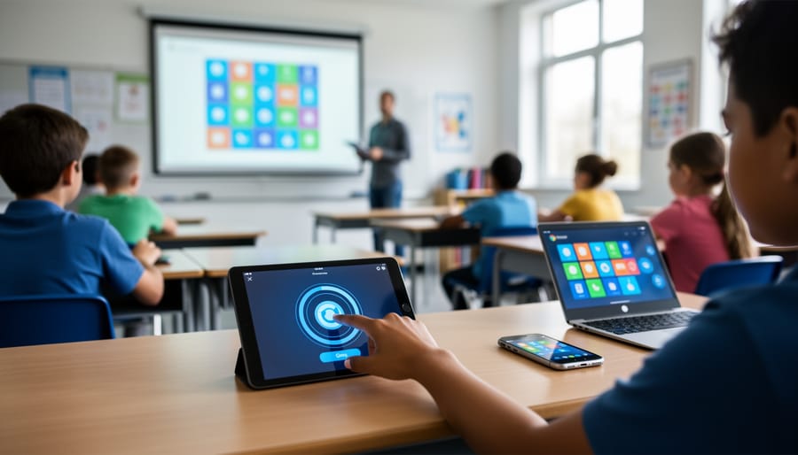 Students in a modern classroom use a smartphone, tablet, and Chromebook to join a projector-based review game; foreground hand taps a large circular button on a phone while a colorful tile grid glows on the screen in the background.