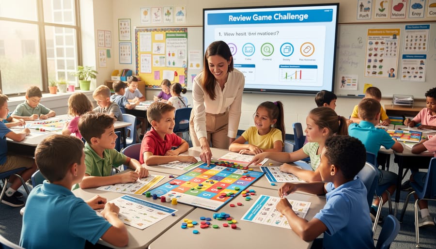 Elementary students engaged in collaborative learning game on classroom floor