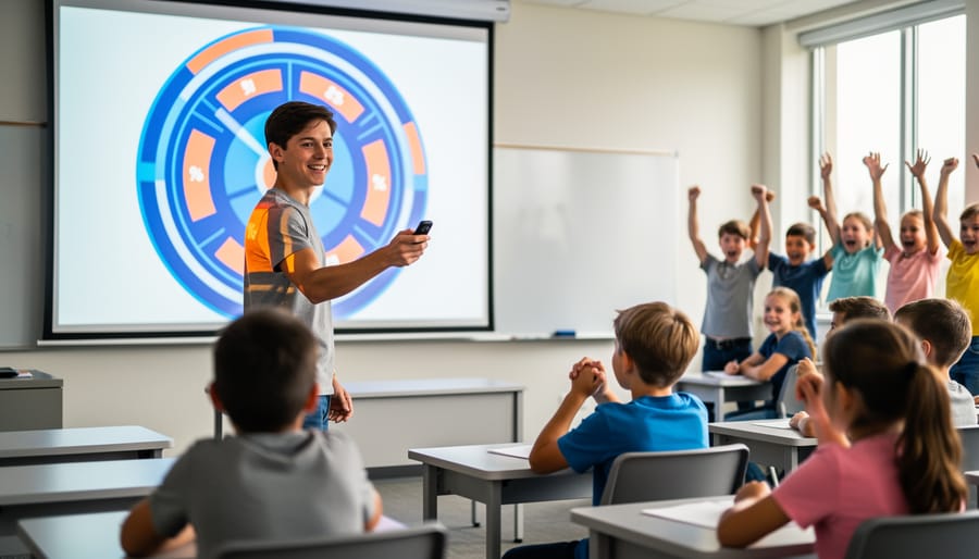 Teacher holding a remote at the front of a classroom while a large projected circular countdown graphic glows on a digital scoreboard; students at desks lean forward and cheer; bright daylight with slight screen glow; no visible text or numbers.