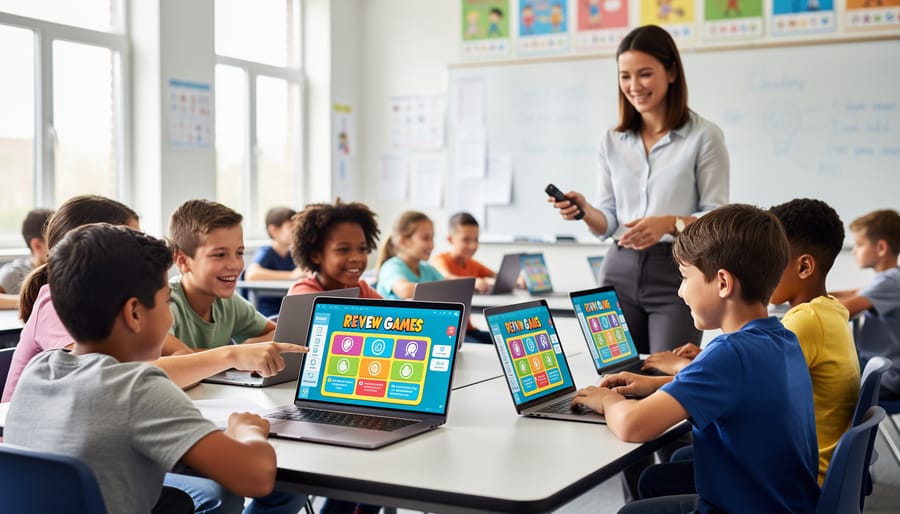 Middle school students collaborating during team-based PowerPoint review game in classroom