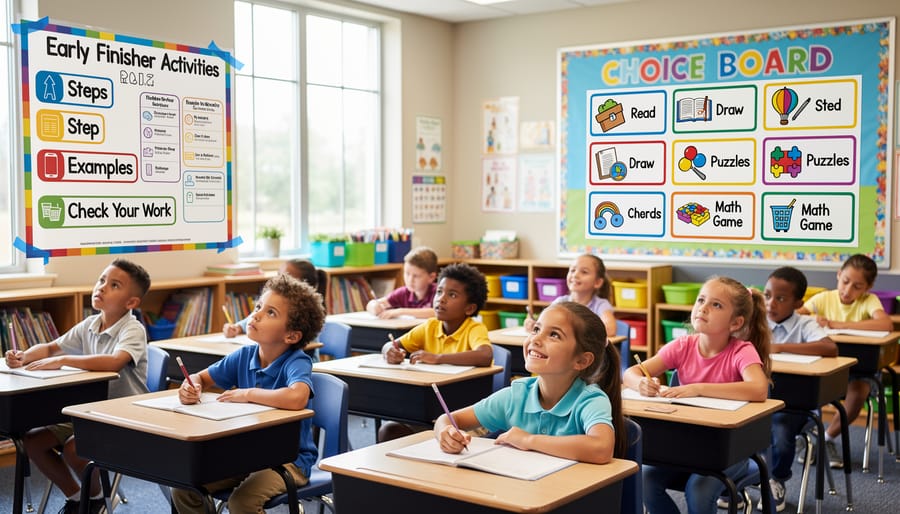 Colorful classroom anchor chart and choice board displaying early finisher activity options