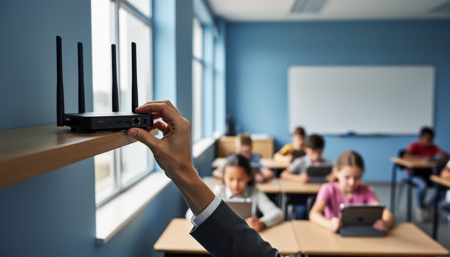 Teacher placing a dual-band WiFi router with antennas on a high shelf in a modern classroom, with students using tablets and laptops blurred in the background under soft daylight
