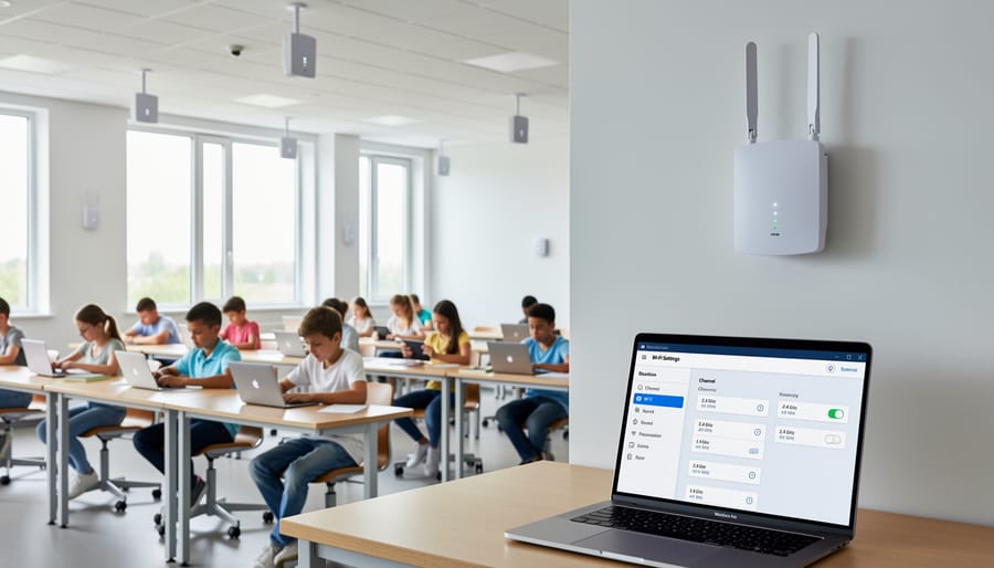 Modern wireless router positioned in classroom environment near window