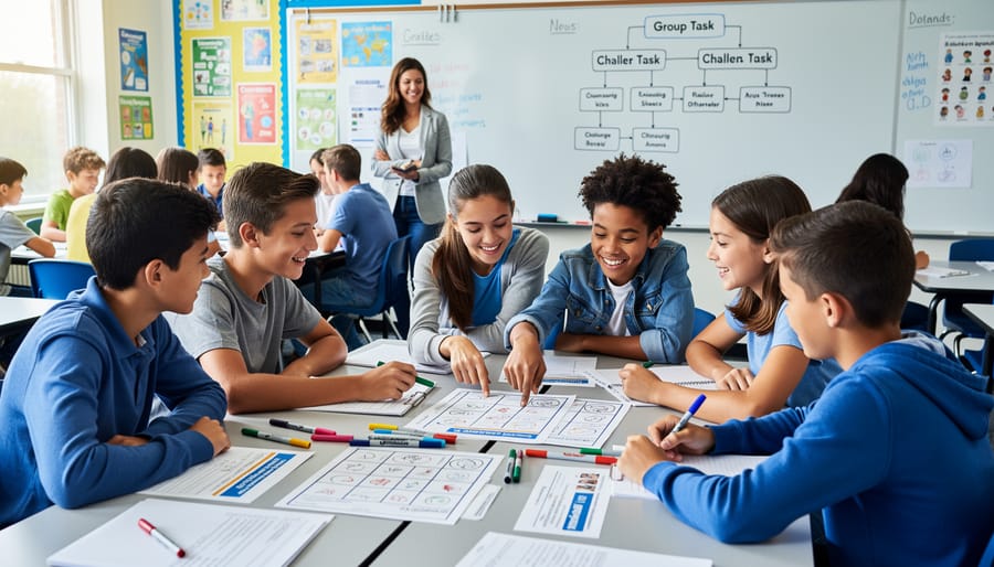 Three diverse students collaborating around laptop during team-based learning activity