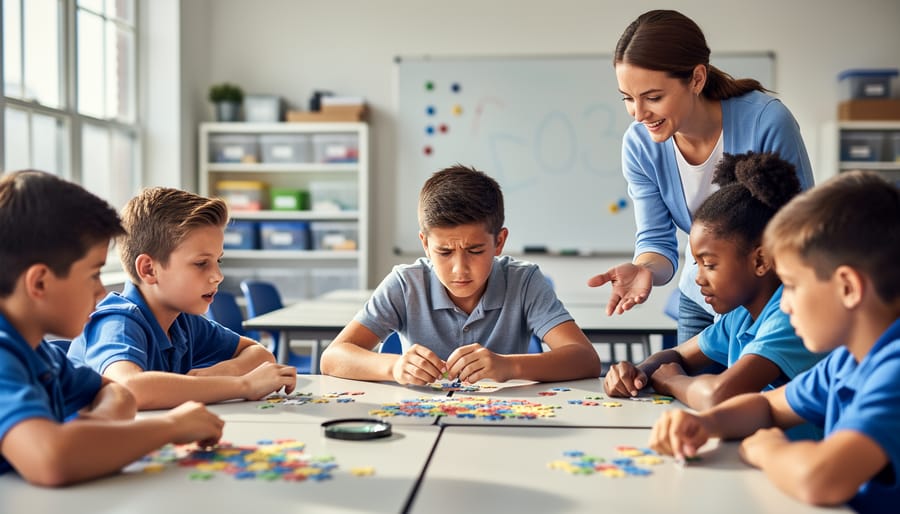Diverse students examine puzzle pieces and colored tokens at a classroom table while a teacher guides them; soft daylight, shallow depth of field, blurred whiteboard and shelves, no visible text.