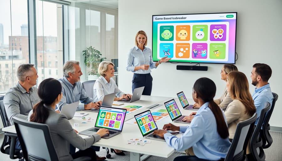 Facilitator using tablet with interactive game template while adults collaborate in background