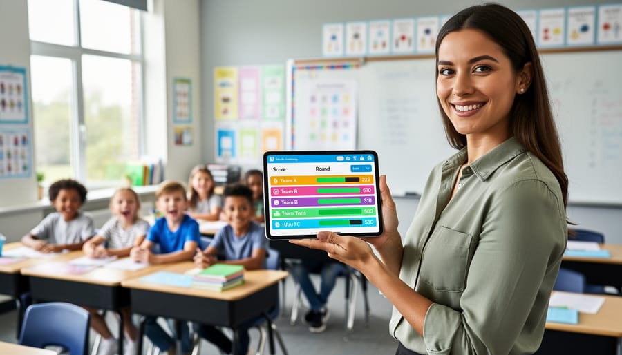 Elementary classroom with students organized into four teams working on collaborative activities