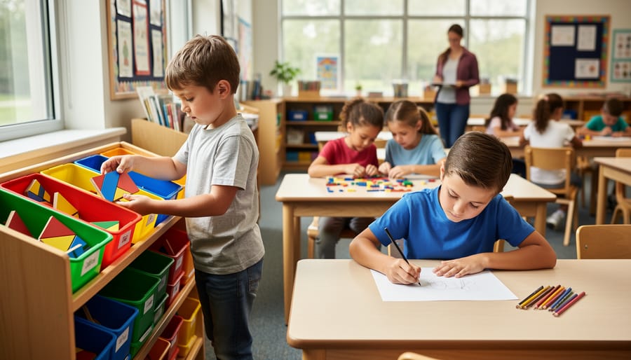 Elementary classroom with a student selecting a tangram puzzle from organized bins at an early finishers station, another student drawing, and a pair using pattern blocks, with teacher and classmates working quietly in softly blurred background under natural window light.