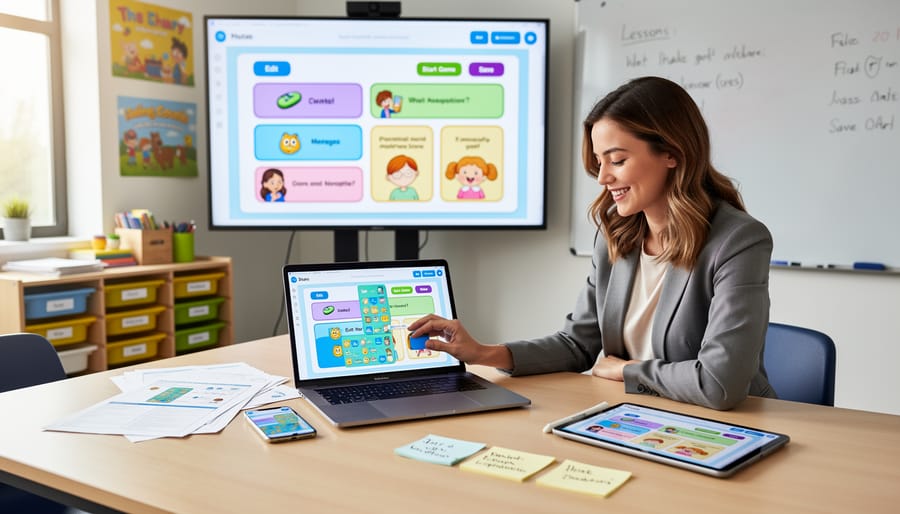 Teacher editing game show template on tablet with stylus