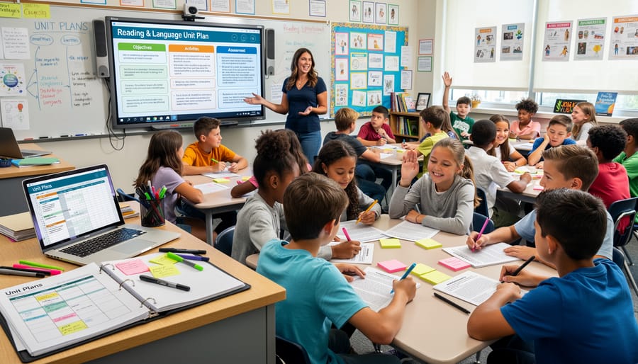 Teacher leading engaging small group reading activity with elementary students