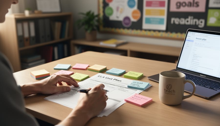 Teacher’s hands arrange color-coded sticky notes on a printed unit plan beside a laptop, pen, and coffee on a wooden desk, with softly lit classroom elements blurred in the background; no readable text.