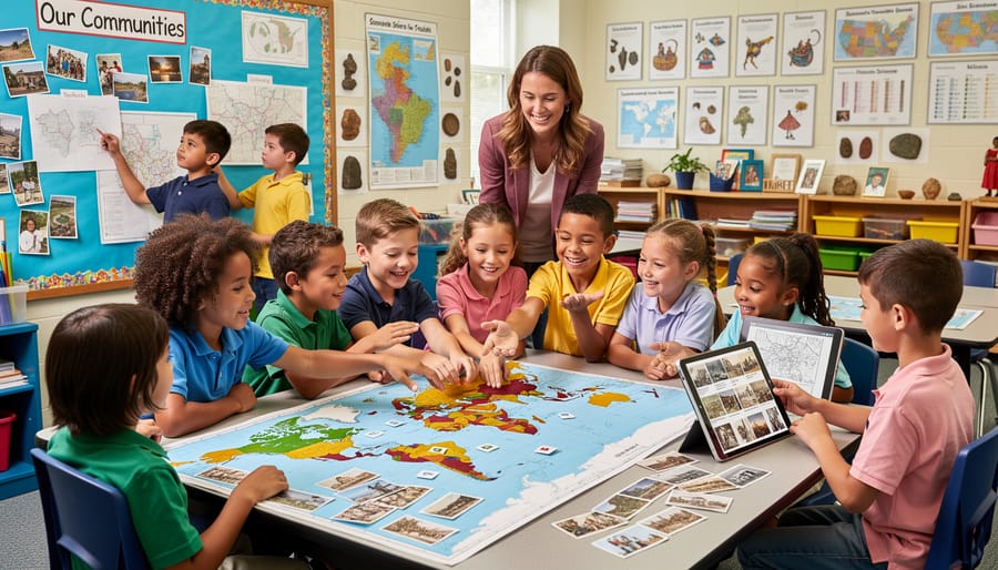 Elementary students enthusiastically participating in interactive classroom activity