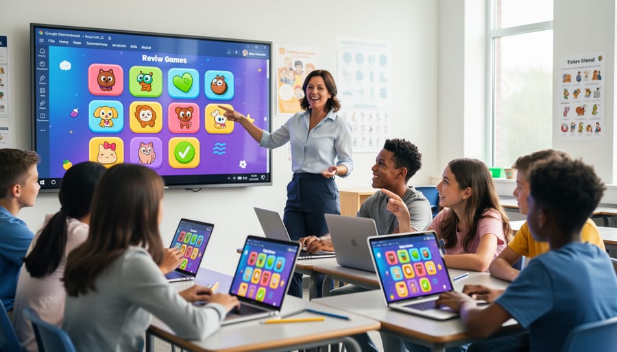 Elementary students enthusiastically participating in classroom game with colorful PowerPoint presentation on screen