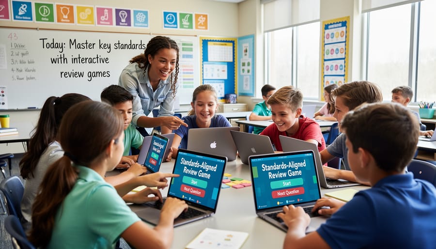 Students enthusiastically participating in classroom review activity with raised hands