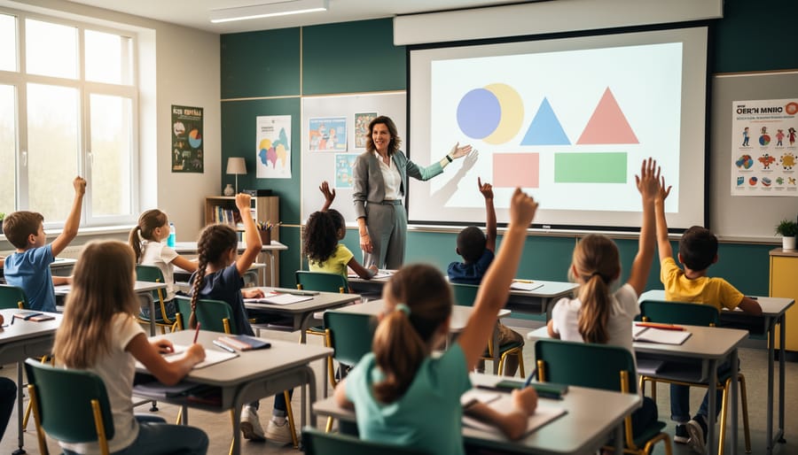 Teacher presenting an abstract, text-free slide with green and gold geometric shapes as diverse students raise hands in a bright classroom; background elements softly blurred.