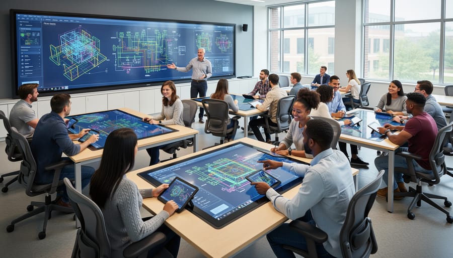College students actively engaged with interactive engineering software in modern classroom
