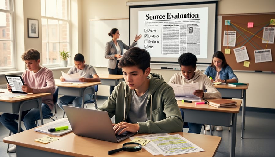 Student using magnifying glass to examine text in book closely