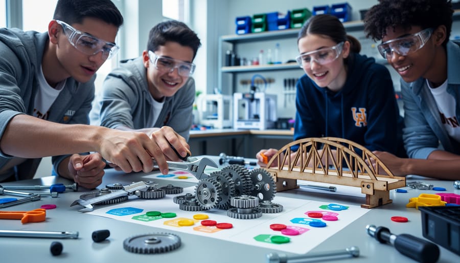Diverse college engineering students adjust a modular gear train and small bridge model with a ratcheting wrench and calipers on a lab table, with colored tokens nearby and blurred workshop benches and tools in the background.