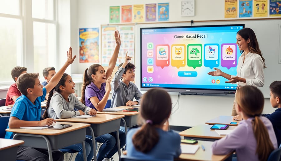 Teacher holding colorful game cards with enthusiastic students participating in memory recall game