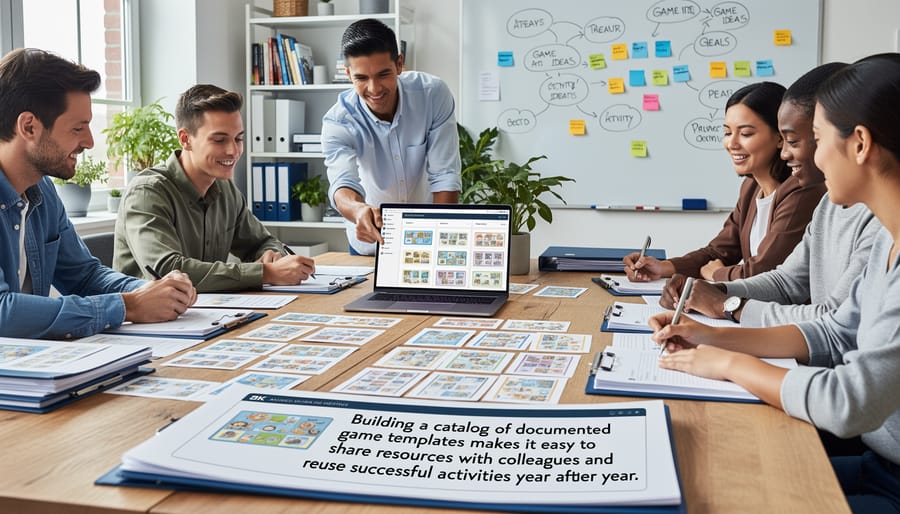 Organized binder system containing labeled game template resources for teachers