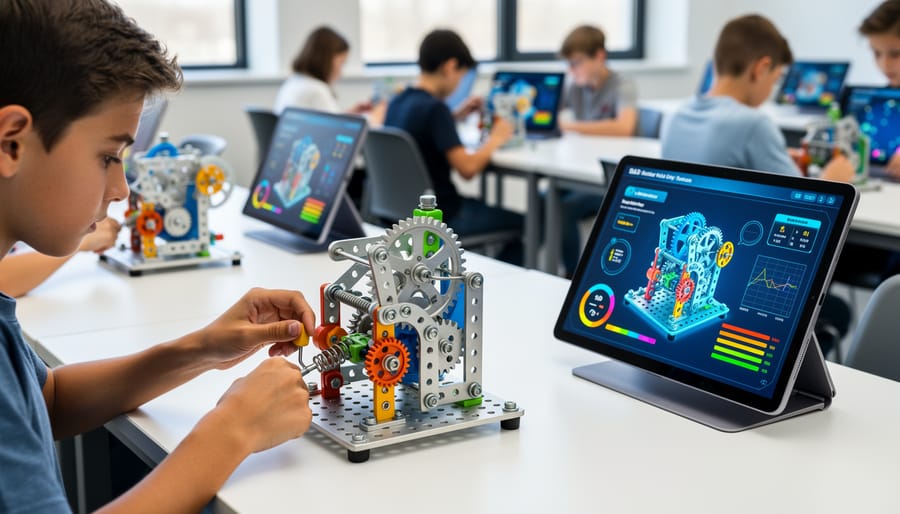 Student hands working with colorful engineering blocks alongside digital learning game on tablet