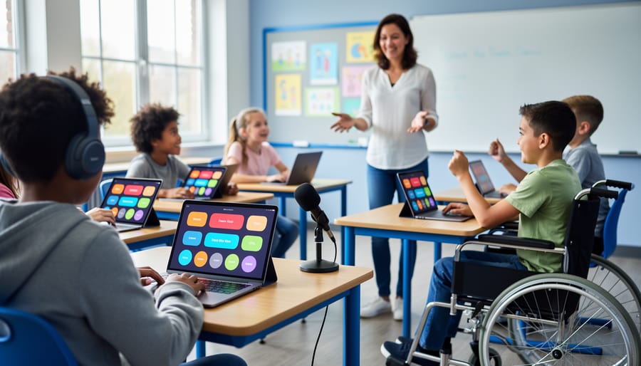 Teacher facilitates a Q&A review with mixed-ability students; one taps a tablet with large high-contrast buttons, another uses a laptop keyboard, a student wearing headphones listens, and a tabletop microphone enables voice responses in a bright classroom with blurred posters and a whiteboard.