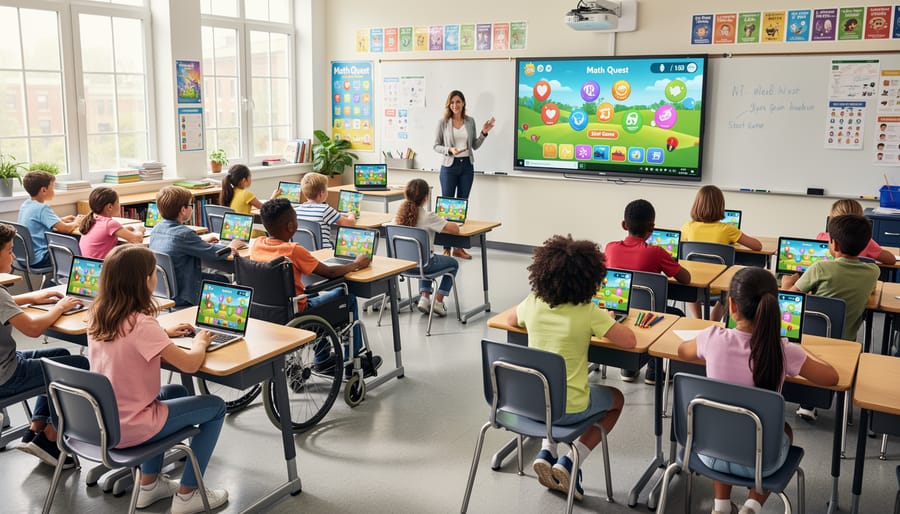 Diverse elementary students including wheelchair user collaborating on classroom game activity at their desks