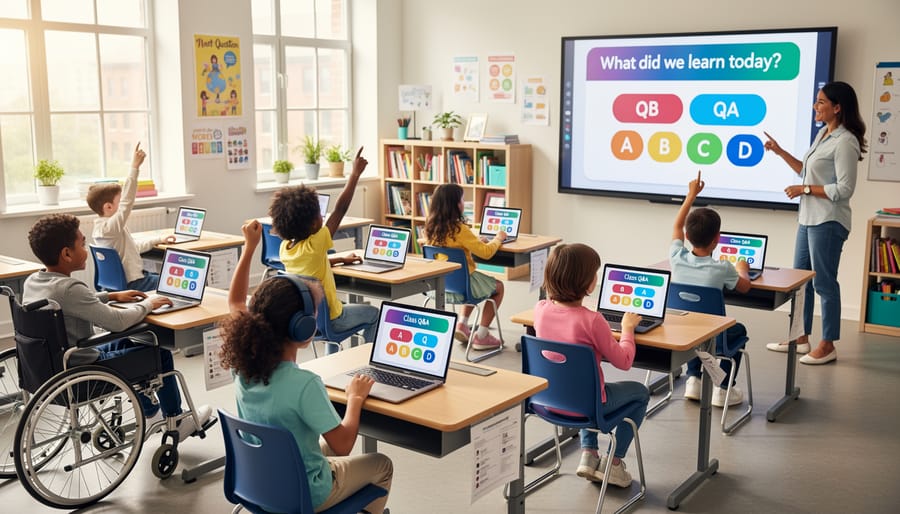 Diverse group of elementary students actively participating in an interactive classroom presentation